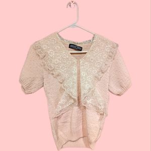 Vintage Cropped Pink Sweater with Coquette Exaggerated Collar